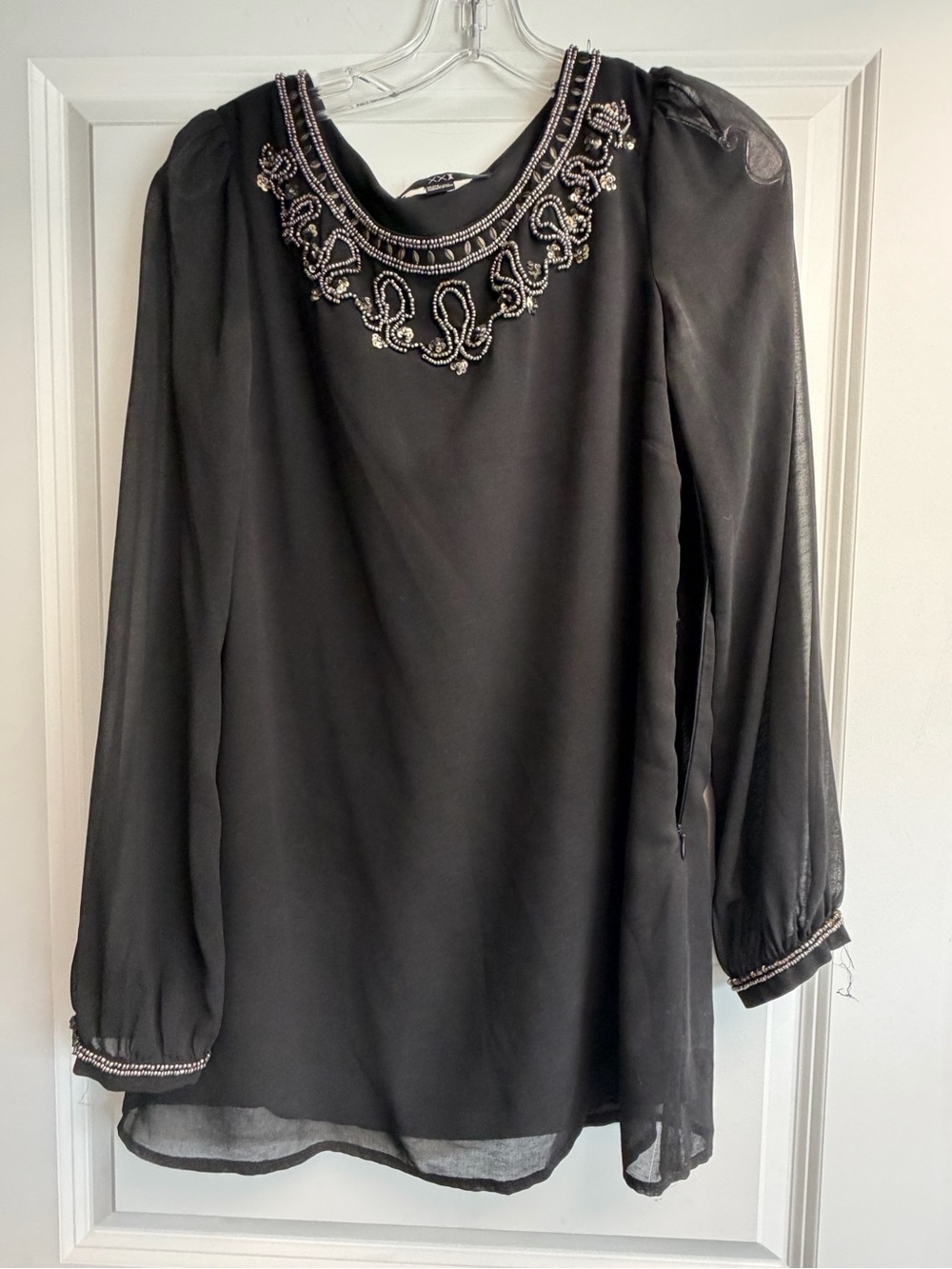 Forever 21 Black Beaded-Neckline Long Sleeve Blouse